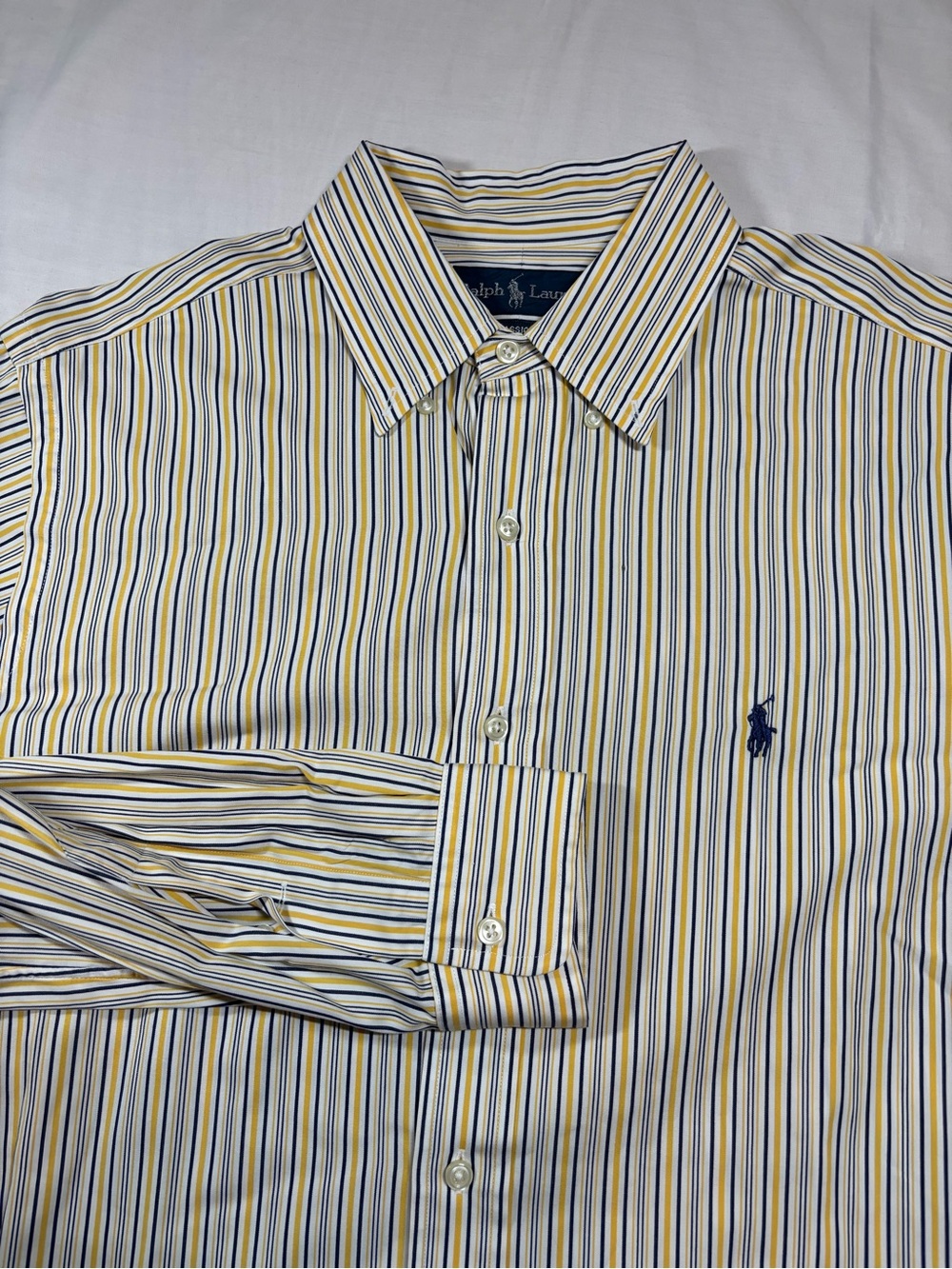 Vintage Polo Ralph Lauren Mens 16 34/35 Classic Fit Yellow Blue Striped Shirt
